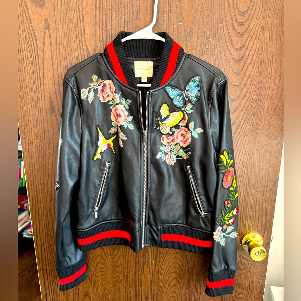 Silence + Noise Leather Floral Bomber Jacket - Size Medium.